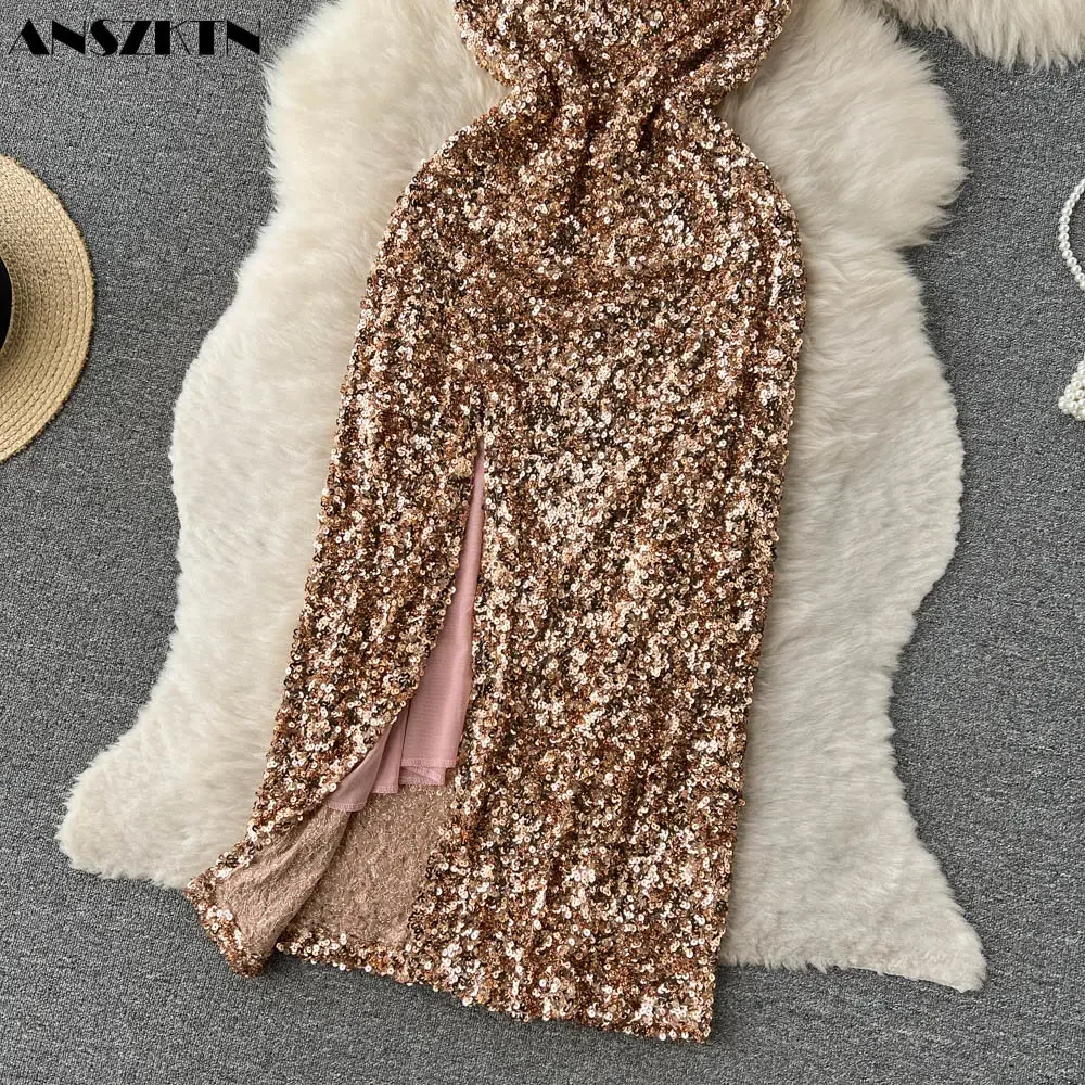 เซ็กซี่เลื่อมแวววาวคนดังชุดเอี๊ยมผู้หญิงหรูหราระดับไฮเอนด์ชุดราตรีกระโปรงแนวโน้ม