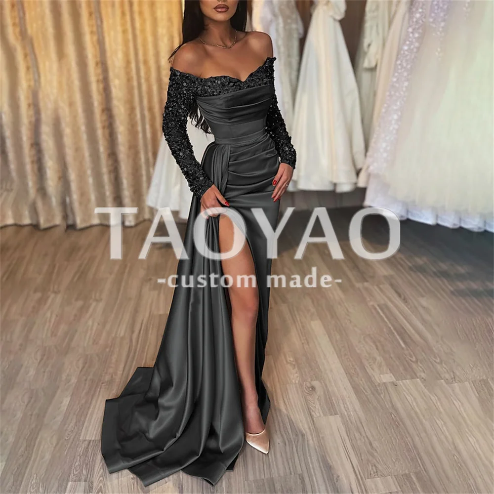 

Sparkle Mermaid Evening Dresses Off Shoulder Wedding Dress Party Dresses with Ruched Sequin Slit Prom Dress Vestidos De Fiesta