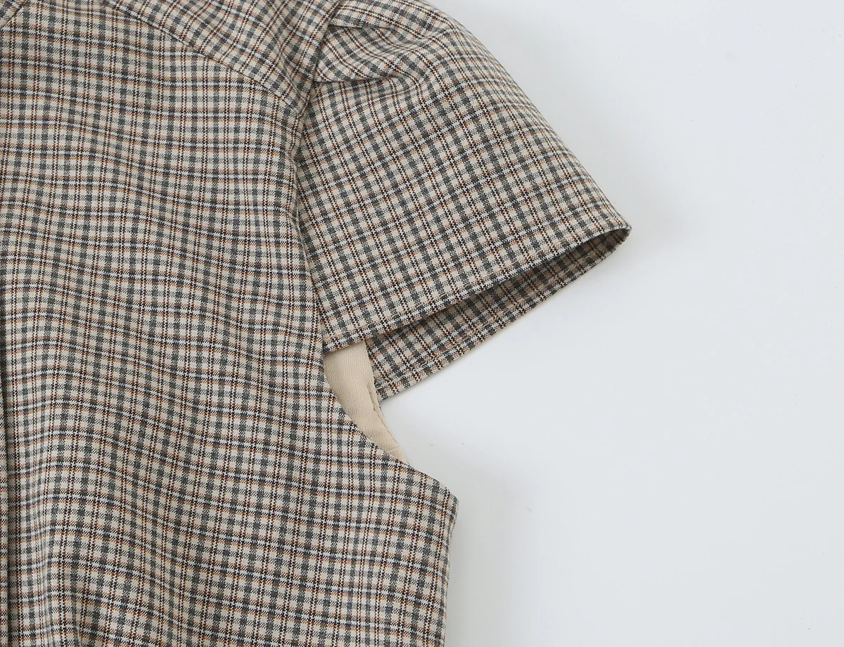 BSAY 2026 Neue Retro Preppy-Style Damen Bluse mit Stehkragen, Doppelreihig, Kurzarm, Schmal Geschnitten, Kariert und Gestreift, Arbeitsbluse – Detail 7