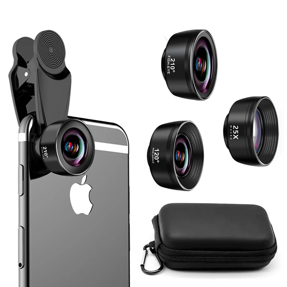 طقم عدسات كاميرا الهاتف 3 في 1 210 °   عدسة عين السمكة + 120 °   عدسة زاوية واسعة للغاية + عدسة ماكرو 25x لهواتف iPhone وSamsung وAndroid الذكية