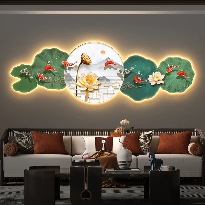Modern Lotus Nine Fish Living Room Wall Lamp, Sofa Background Wall LED Light, Luxury Style with Lights, Restaurant and Study Zen