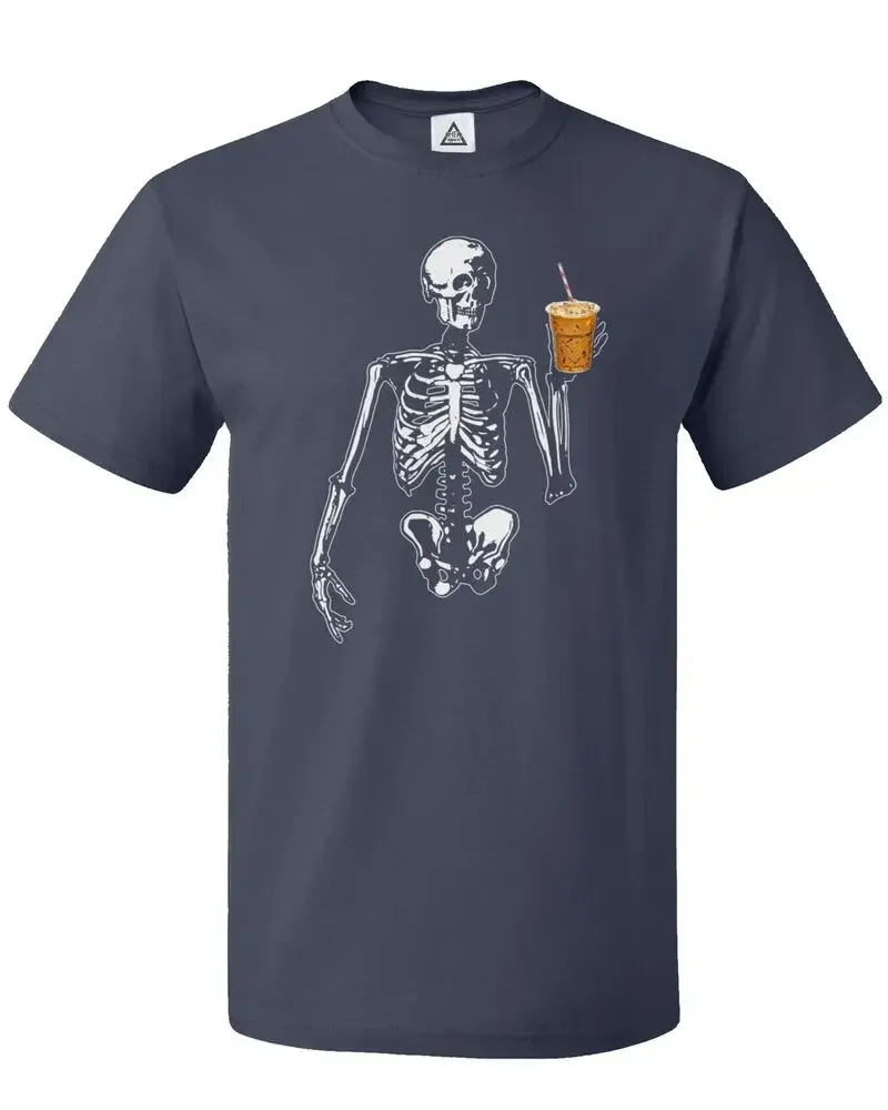 Unisex Halloween esqueleto T-Shirt, Ice Coffee Tee, Feliz