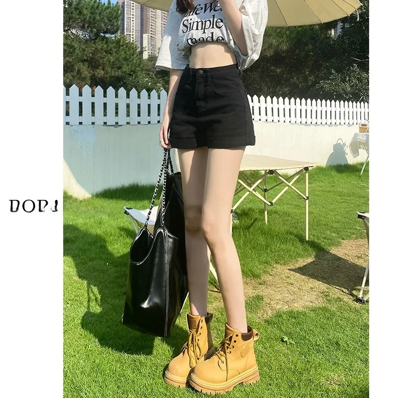 

Summer New Bla Cuffed Denim orts Women's Elastic Loose High Waist Slim A-Line Sexy Hot Pants Cotton Stretch Jeans High Waist