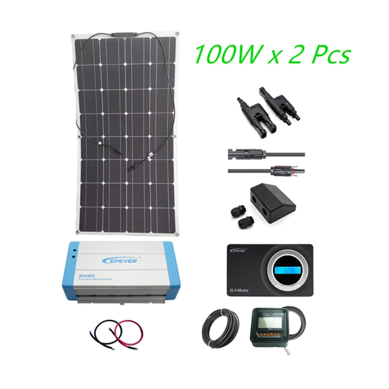 

Solar Panel 200W Kit Off-Grid RV Boat with EPever Inverter+GM3024+DC Cable Leads+Branch Connector+Junction Box+MT50