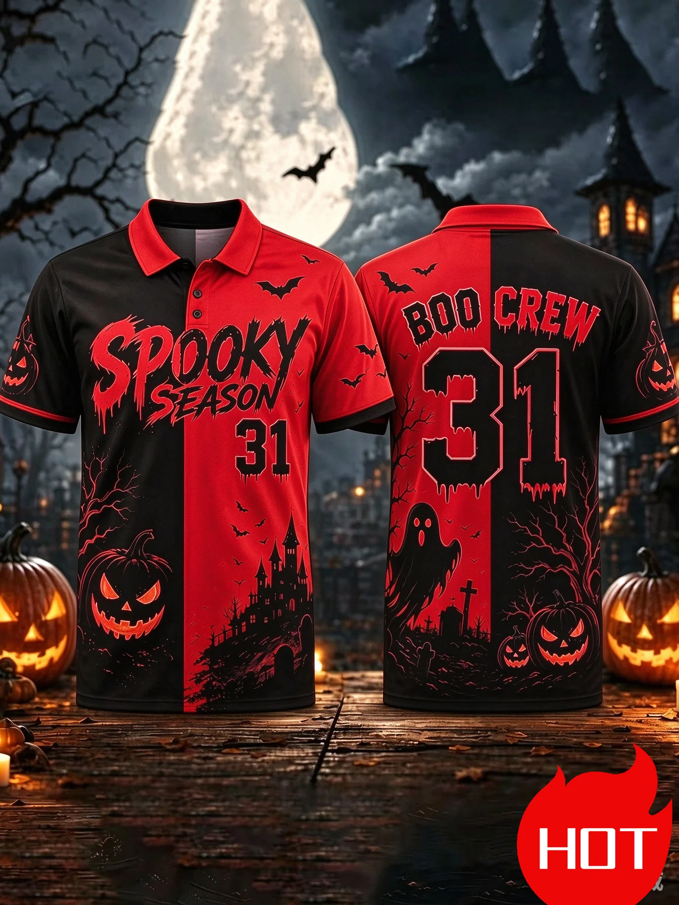 Halloween Yellow Black 3D Printed Jersey Spooky Season Boo‑Crew 31 Men's Polo Pumpkin Ghost Bat Gothic Fall Party Sports Shirts