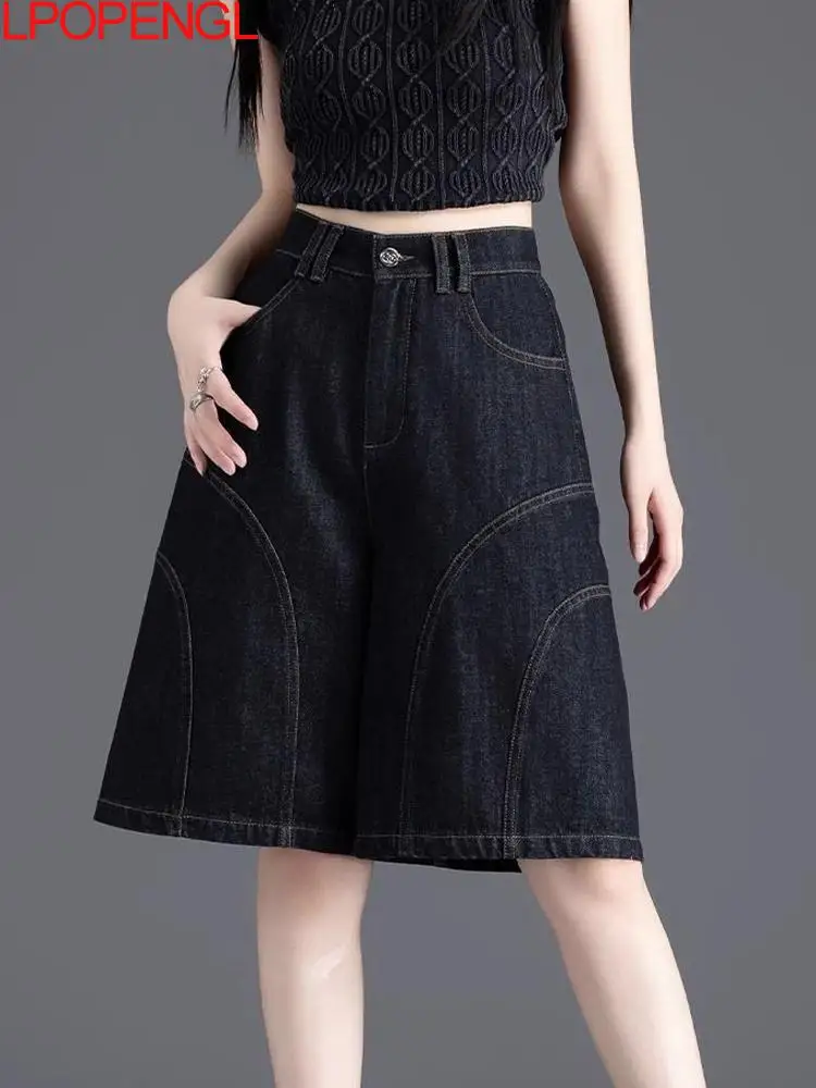 

2025 New Black High Waisted Button Denim Shorts Women Summer Thin Loose Five Part Straight Leg Pants Wide Leg Mid Length Jeans