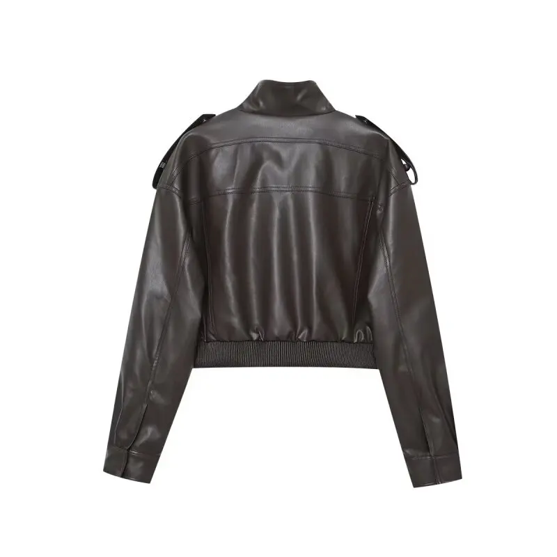سترة نسائية ريترو PU على طراز الشارع للدراجات النارية بسحاب وجيب علوي ملابس خارجية سترة من الجلد الصناعي معطف للسيدات ملابس الشارع