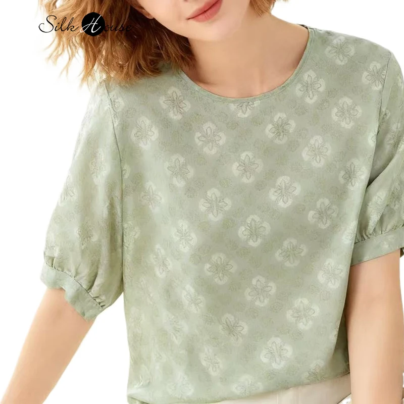 

Breathable Skin Friendly 100% Natural Mulberry Silk Jacquard HuaLuo Round Neck Lantern Short Sleeved Versatile Casual T-shirt