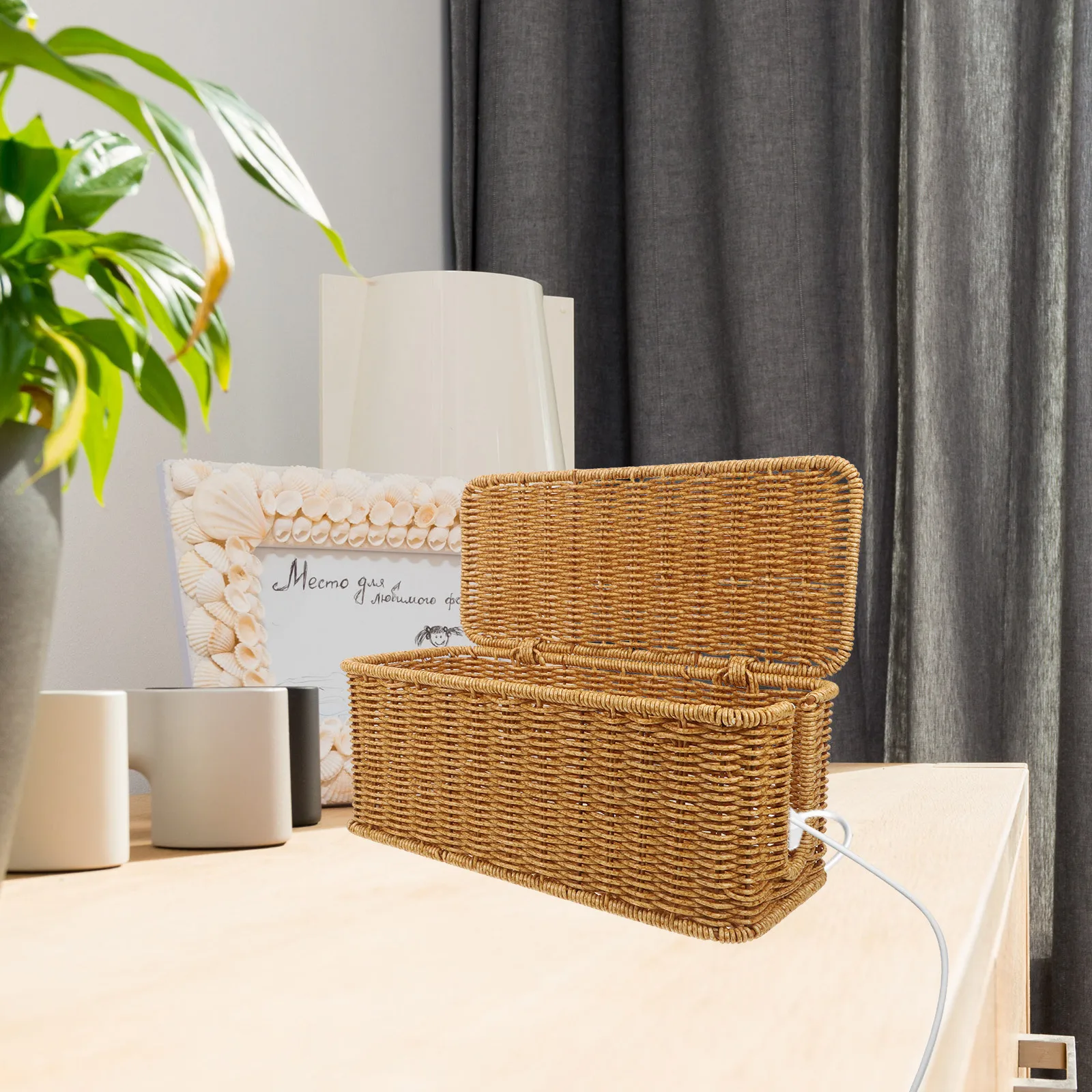 

Rattan Look Cable Box Organizer Large Desktop Storage Bin for Cords and Power Strips Efficient Cord Management