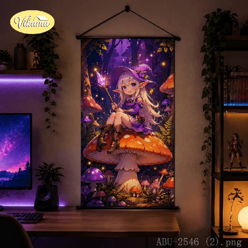 VIKAMA Vertical Anime Hanging Scroll Elf Witch Giant Mushroom Magic Forest Canvas Poster Wall Hanging Gaming Room Decor