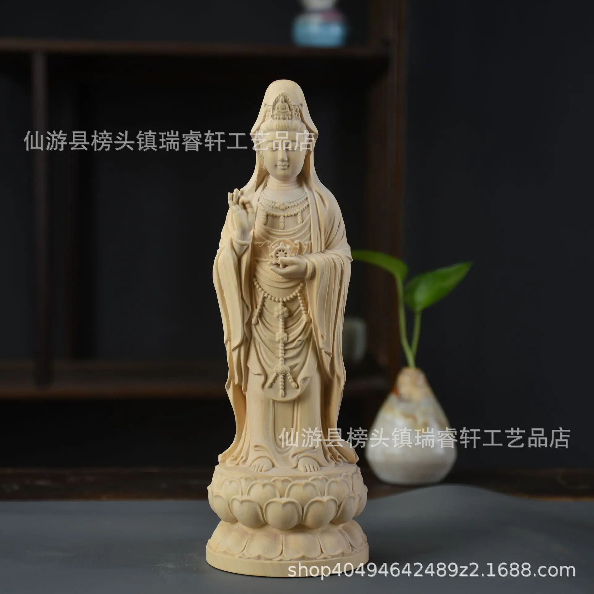 HYS Yabai Nanhai Guanyin ornament home office wooden ornament Buddha statue Ping An feng shui wood carving ornament process