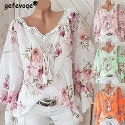 Blusa holgada con estampado Floral para mujer, camisa de gran tamaño con cuello en V, diseño Vintage elegante, 2022