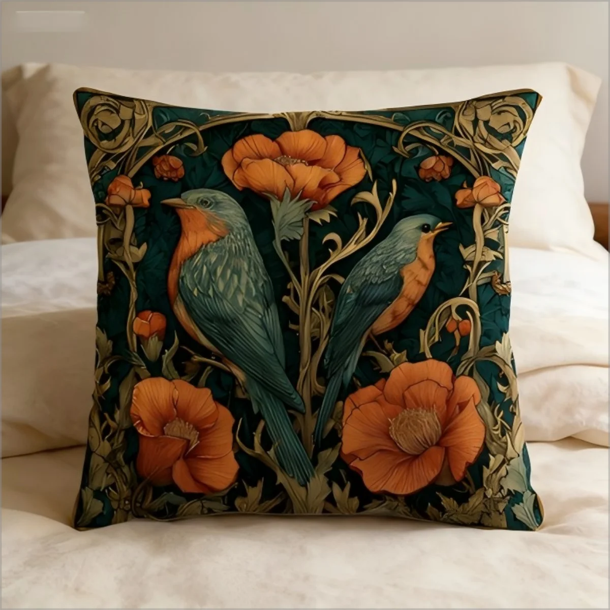 William Morris Inspired Robin Bird Pillow Cover Vintage Art Nouveau Floral Print Cushion Case for Sofa Couch Boho Home Decor