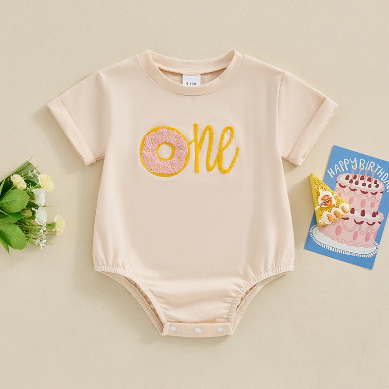 Toddler Baby Girl Birthday Outfit One Two Three Donut Embroidery Bodysuit Shirt Sweet First Birthday Girl Gift