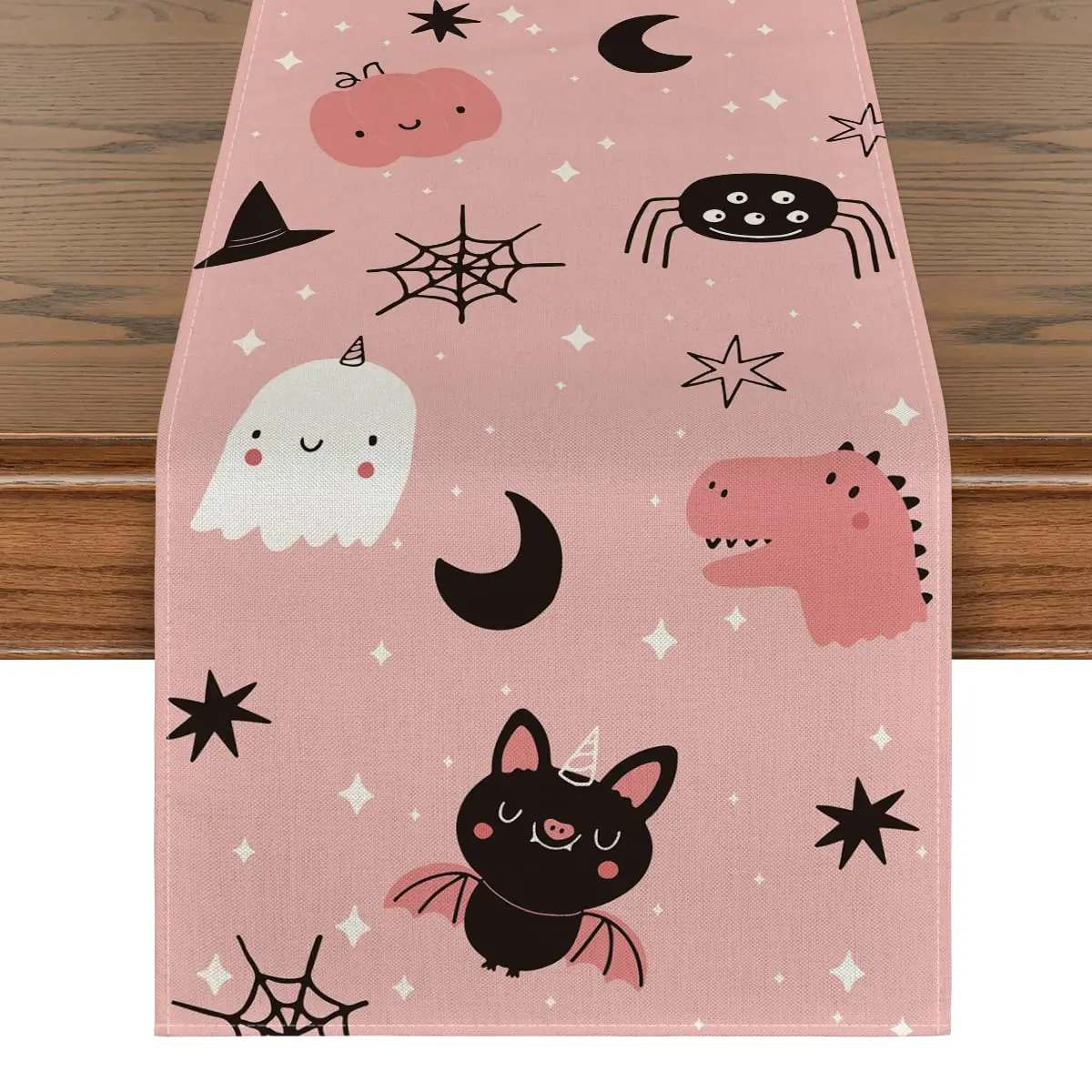 

Pink Ghost Spider Web Moon Bat Spooky Halloween Table Runner, Birthday Baby Shower Kitchen Dining Table Decor for Home Party