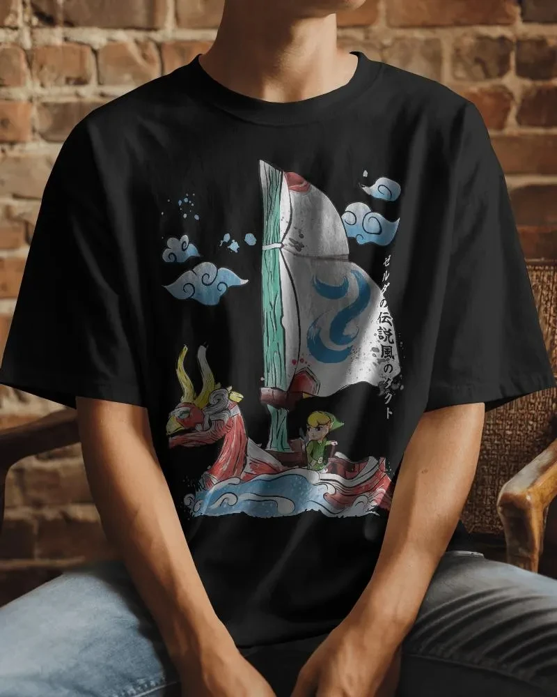 The Legend of Zelda Wind Waker T-shirt Japanese Ink Painting King of Red Lions Print Game Oversized Short Sleeve Streetwear