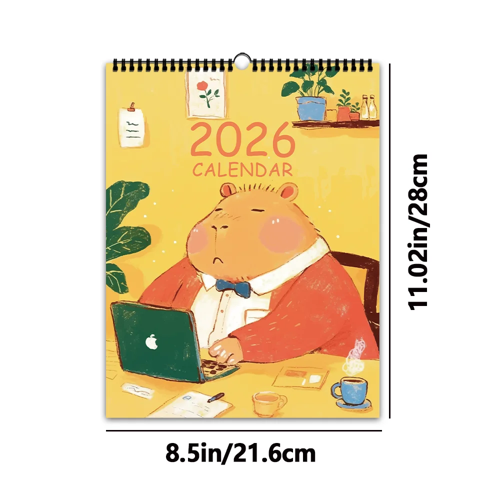 1pc 2026 Calendar,Cartoon Hand-Drawn Capybara,12 Beautiful Designs,Wall Calendar,Perfect Gift for Birthdays, Christmas, New Year