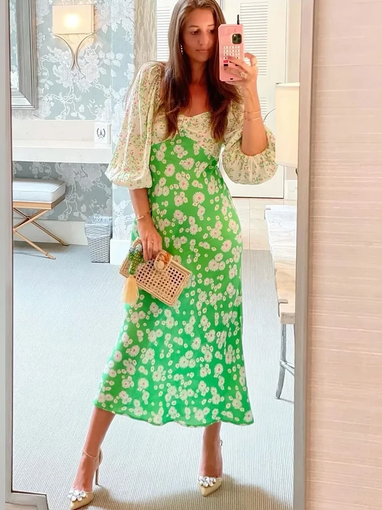 GypsyLady Bohemian Floral Chic Midi Dresss Elastic Chiffon Patchwork Backless Sexy Green Holiday Women Ladies Dresses Vestidos