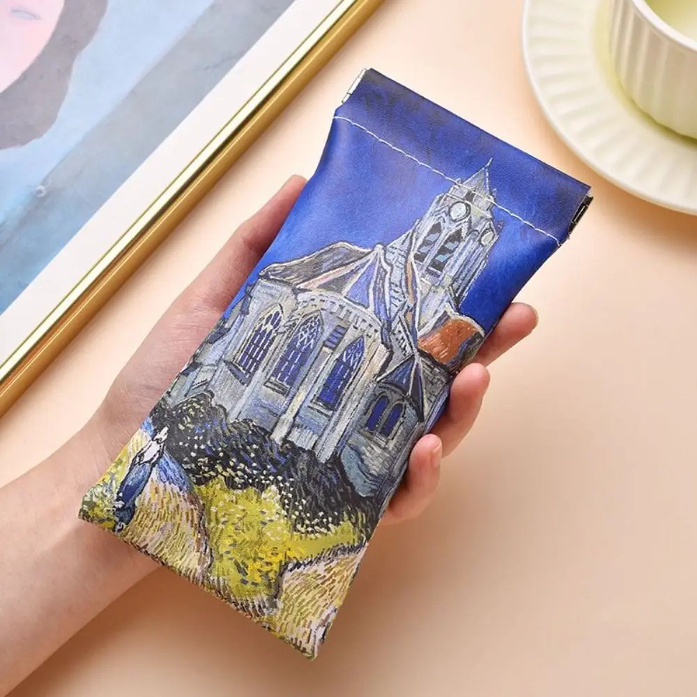 The Church At Auvers Sun Glasses Case Oil Painting Pattern PU Leather Cosmetic Bag Waterproof Automatic Closing Lipstick Case