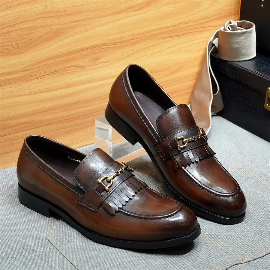 

Лоферы ручной работы в форме подковы, натуральная кожа, полированная бахрома, официальная офисная свадебная деловая повседневная обувь для повседневной работы с датами