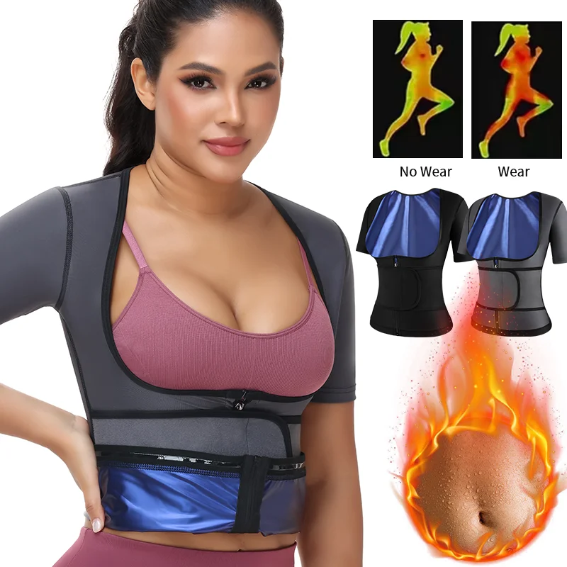 Damen Thermo-Sauna-Schwitz-Oberteil mit kurzen Ärmeln, Reißverschluss-Korsett, Arm-Trimmer, Taillentrainer-Gürtel, Fitness-Shapewear