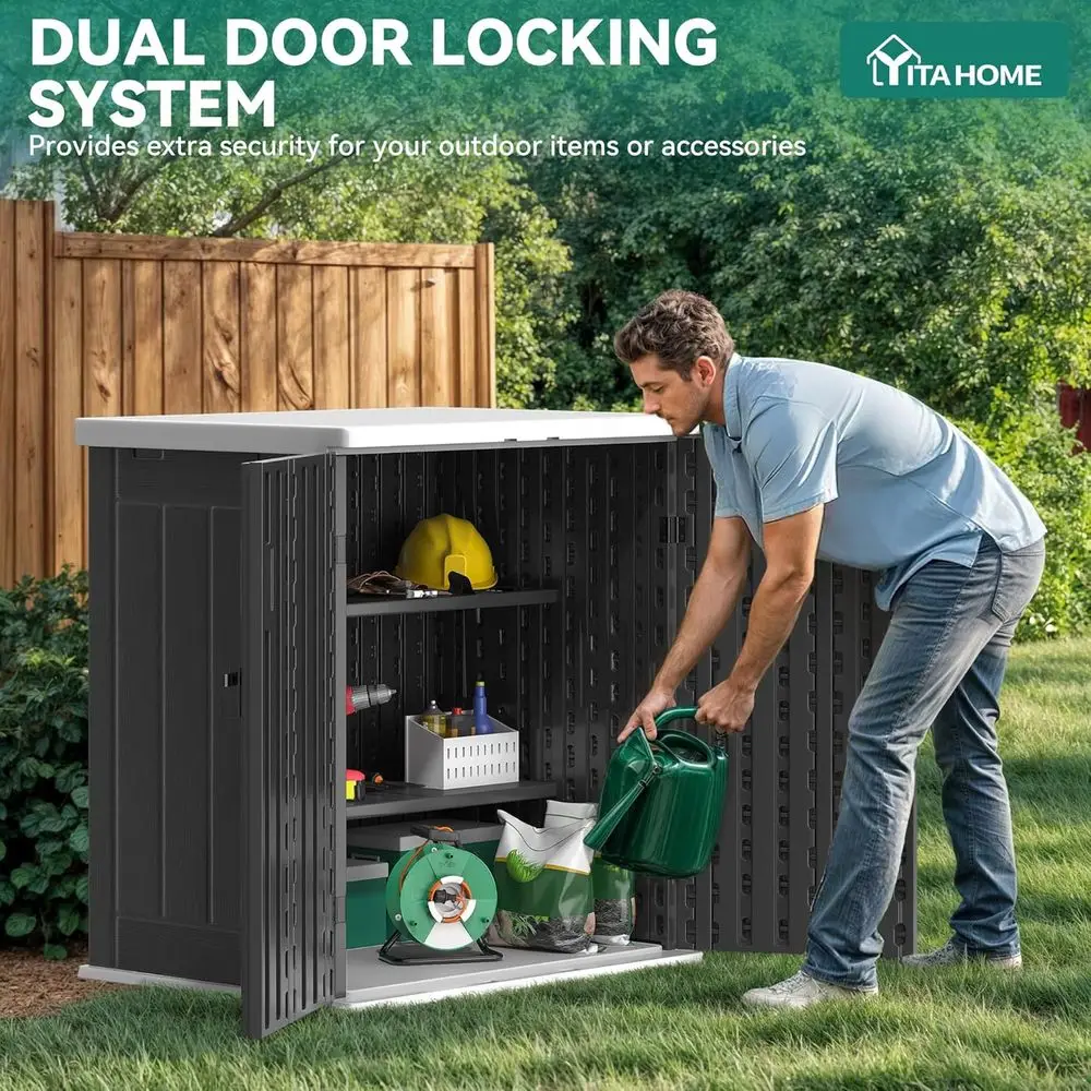 Weatherproof Horizontal Storage Cabinet with 2 Shelves, Lockable, 15 Cubic Feet, Suitable for Patio, Garden, Yard, Gray