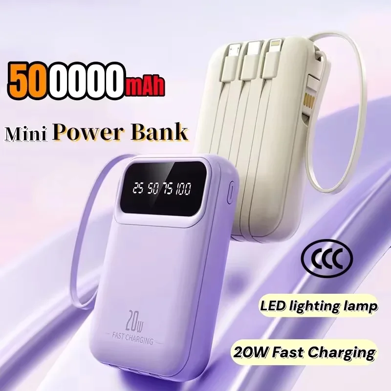 500000mAh Protable Power Bank Large Capacity Super Fast Charging External Battery Built in 4 Wires for iPhone Huawei