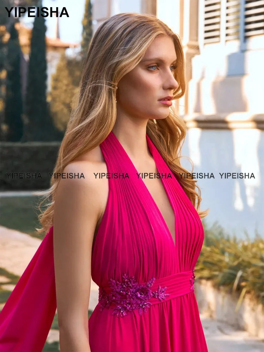 Yipeisha Sexy Halter Fuchsia Evening Gown Backless Pleated Prom Dress Long Chiffon Wedding Party Dresses Robe de Soiree