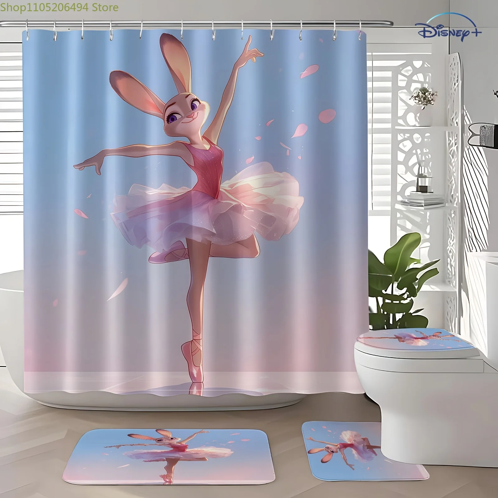 

4pcs Colorful Zootopia Bath Set: Fun Judy & Nick Themed Shower Curtain, Mat, Hooks for Kids & Adults