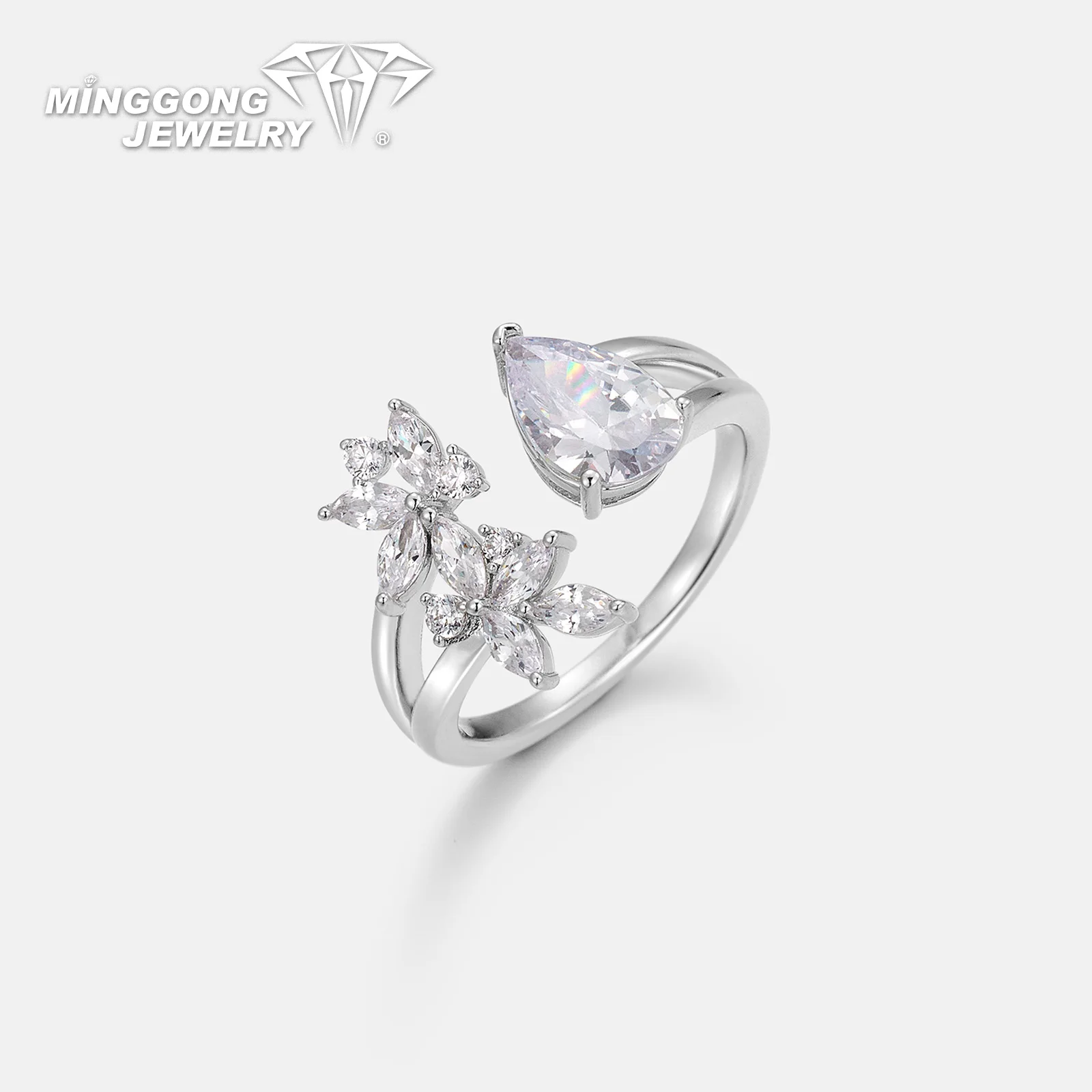 

Customizable New Design S925 Silver & 10K/14K Gold Engagement Ring 1.5CT Pear Butterfly-Shape Moissanite Open Ring for Women