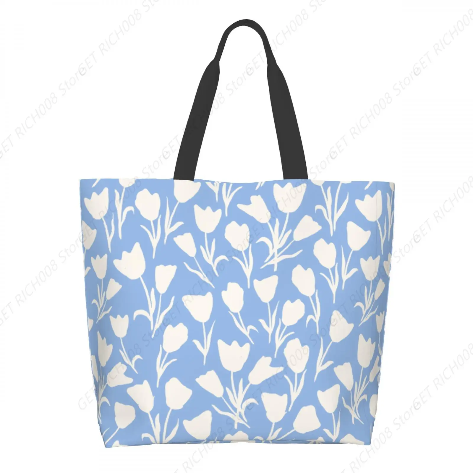 

Blue Blooming Elegance Large Beach Shoulder Bags Floral Designs Tote Water Resistant For Gym Travel Daily