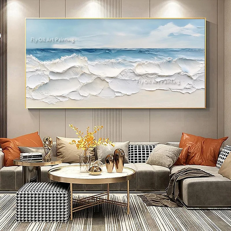 Abstract New Design Artwork Light Blue And White Seascape Canvas Thick Oil Painting Handpainted Beige Ocean Wave Wall Art Decor