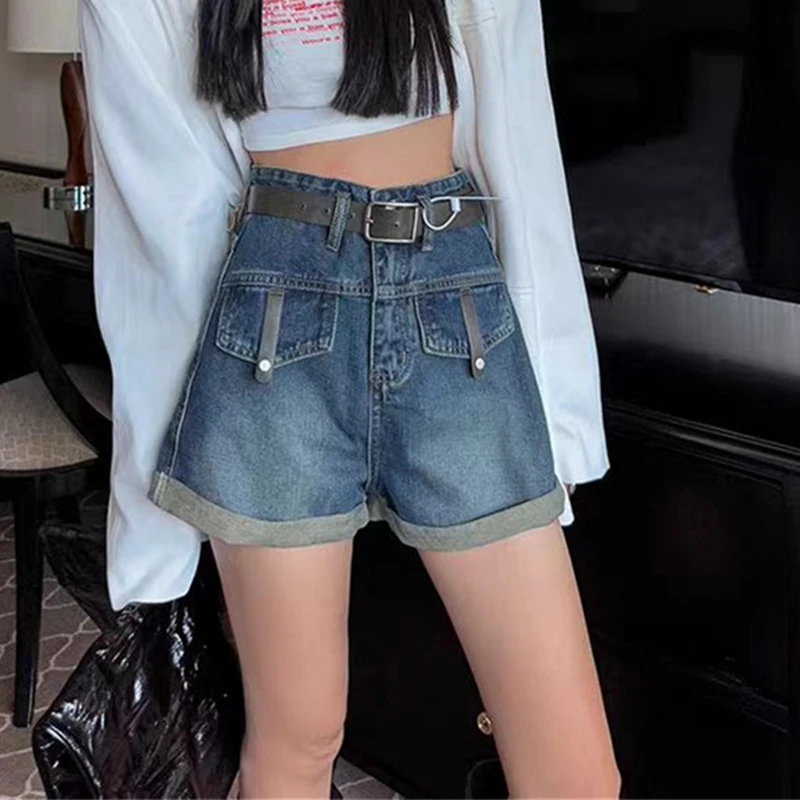 

2024 Summer New South Korea East Gate High Waist Curled A-line Denim Shorts Wide Leg Hot Pants A-line Versatile