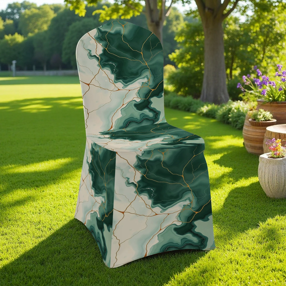 2D Stretch Spandex Chair Cover, Emerald Agate Gold Vein Print, Full Coverage for Hotel/Home/Outdoor Use. Uni
