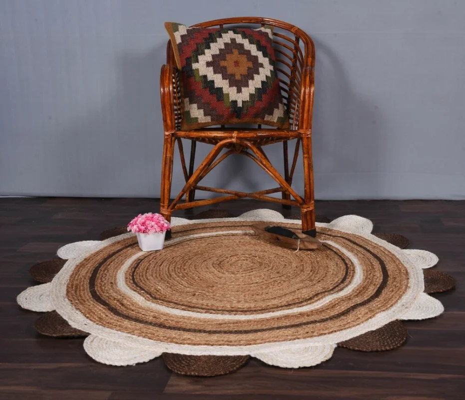 

Scalloped Rug Beige & White/Brown Color Beautiful Jute Round Rug Handmade Rug Rugs for Bedroom