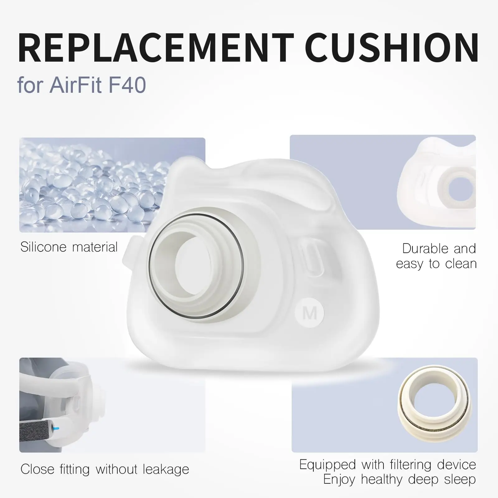 CPAP Full Face Mask Cushion Replacement for F40 Style Silicone Soft Comfortable Fit Anti Leak S M L 1 Set Washable Cushion Only