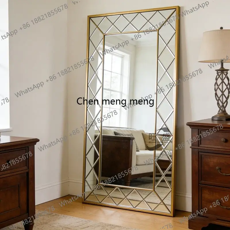 z183 French rhombus plaid full body mirror retro bedroom floor mirror European living room entrance advanced sense