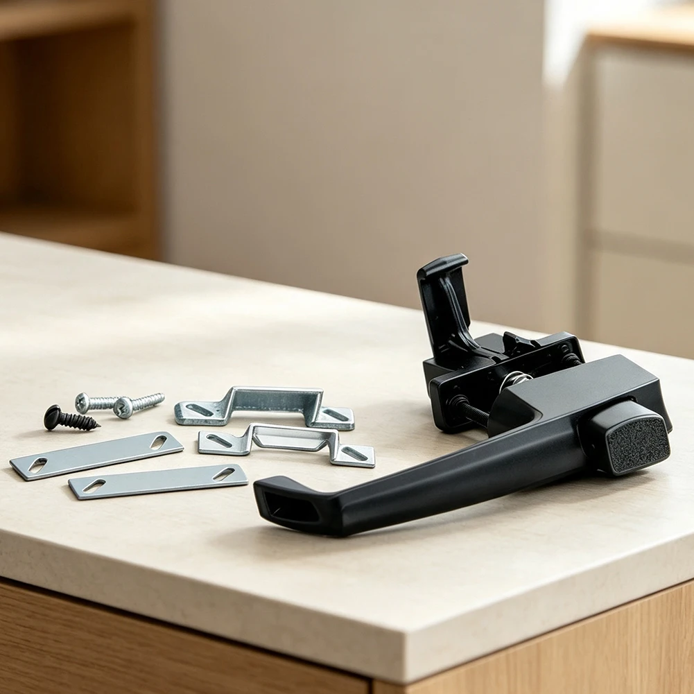 Push Button Screen Door Latch Kit Includes 1 Exterior Handle 1 Interior Assembly 1 Spring 2 Shims 2 Spacers 9 Screws