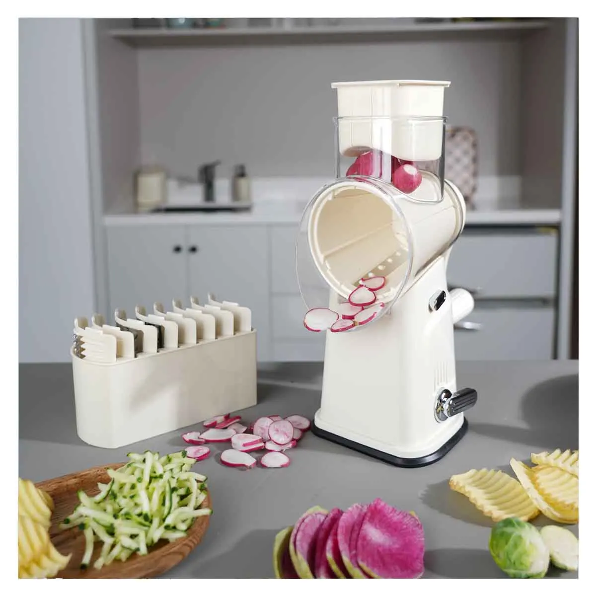Kitchen grater vegetable slicer rotary cheese grater round mandolin slicer nut grinder with 5 roller blades and handle