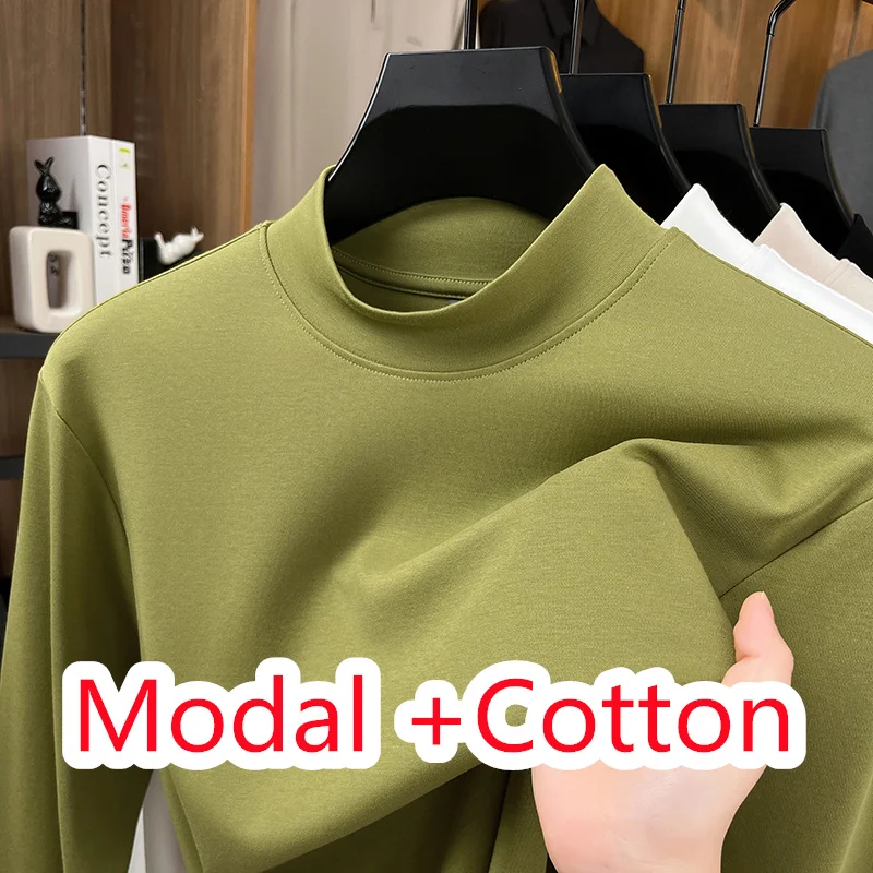 

Modal Cotton Men Basic Wear 2025 Autumn Winter Classic Mock Neck Modal Tops Long Sleeve T-shirt Male Cotton Clothes Pullovers