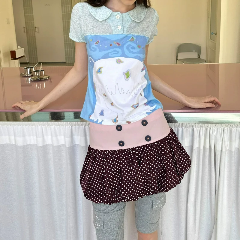2026 Summer Women's Short Skirt Original Polka Dot Splicing Cute Girl Sweet Cool Versatile Age-reducing Trouser Skirts Ladies