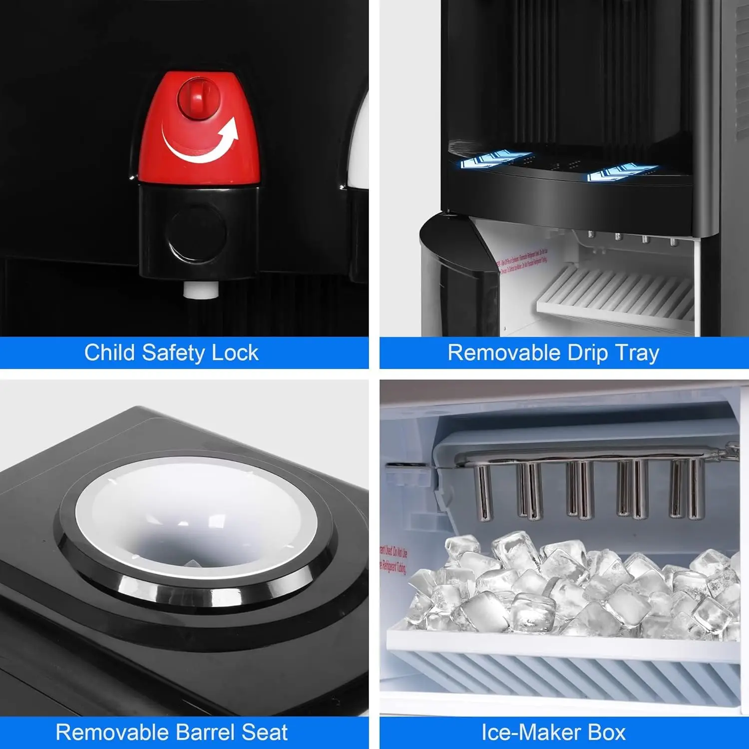 Built-in Ice Maker, Top Loading Water Cooler Dispenser for 3-5 Gallon Bottle with a Scoop, 3 Temps, Child Safety Lock, ETL Liste