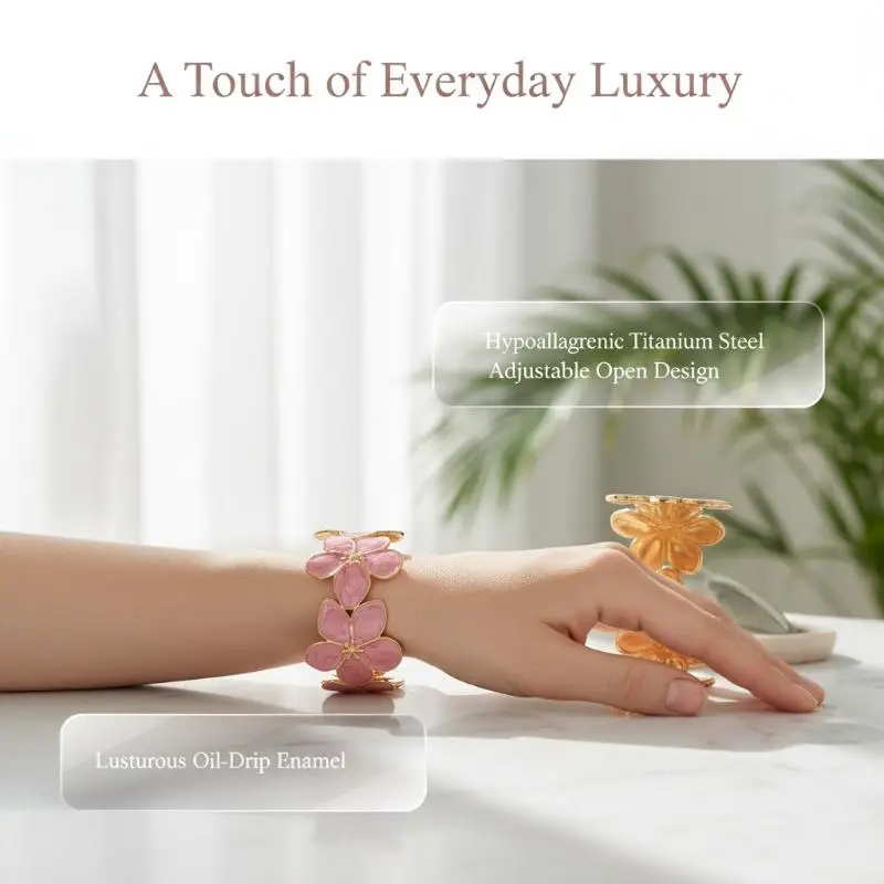 French Inspired Floral Stainless Steel Bracelet Glossy Gold Plated Oil Paint Fashion Jewelry for Bridesmaid Gift