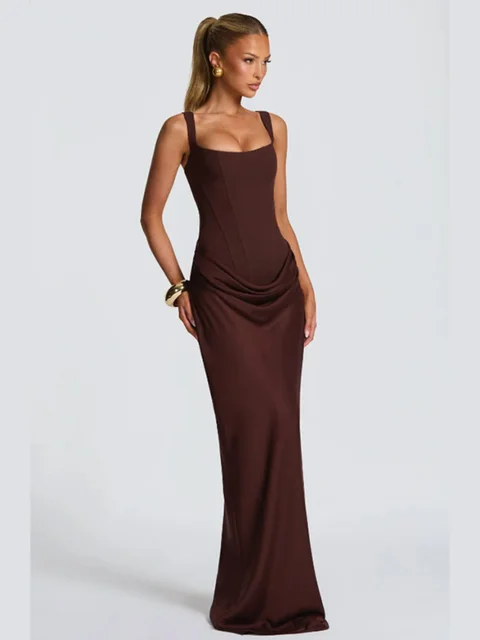 Women Solid Pleated Sling Sleeveless Dress Off-shoulder Waist Cinching Square Neck Slim Dresses Summer Evening Party Gowns 2026