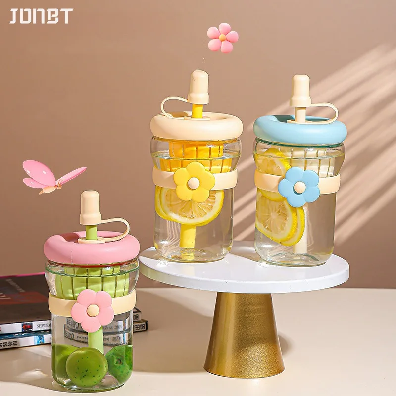 

Cute Flower Tea Water Separation Glass Cup with Straw Cold Brew Flower Tea Cup For Women Tumbler Juice Milk Coffee Drinkware Cup
