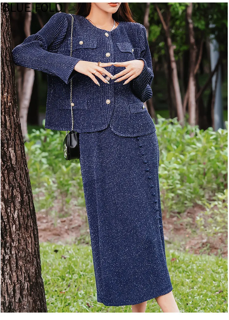 Two-Piece Suit with Exquisite Buttons and Fake Pockets for Women, Long-Sleeved Preppy Style, Side Slit Skirt, Autumn