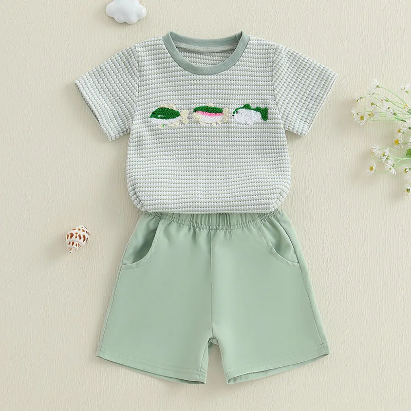 Outfitset voor babyjongens met schattig T-shirt met korte mouwen en dierenborduurwerk en stijlvolle geruite shorts voor de zomer 2-delige set