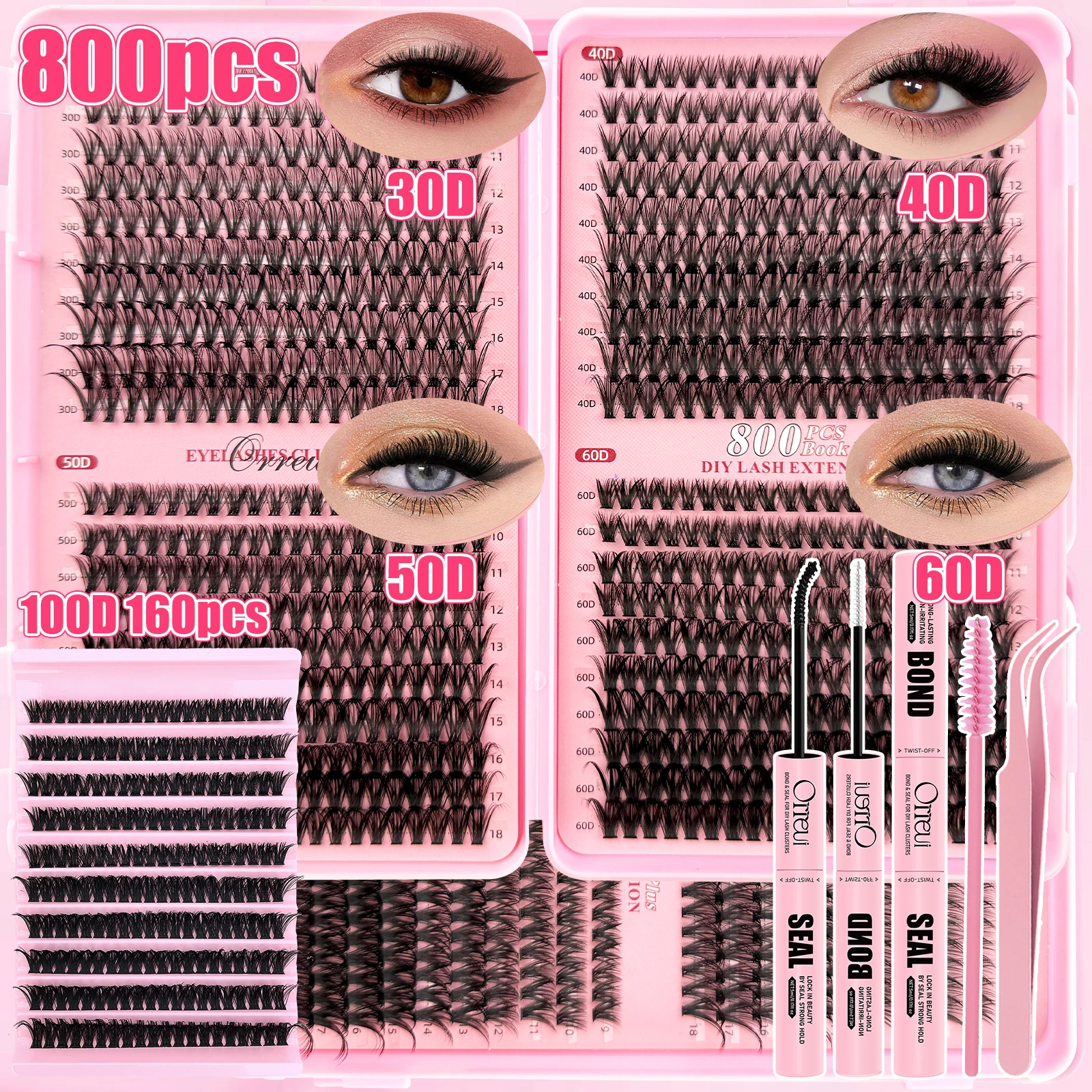 800PCS DIY Lash Clusters Kit 30D 40D 50D 60D D Curl Individual Lashes with Bond Seal Tweezers Natural Volume Extension Set