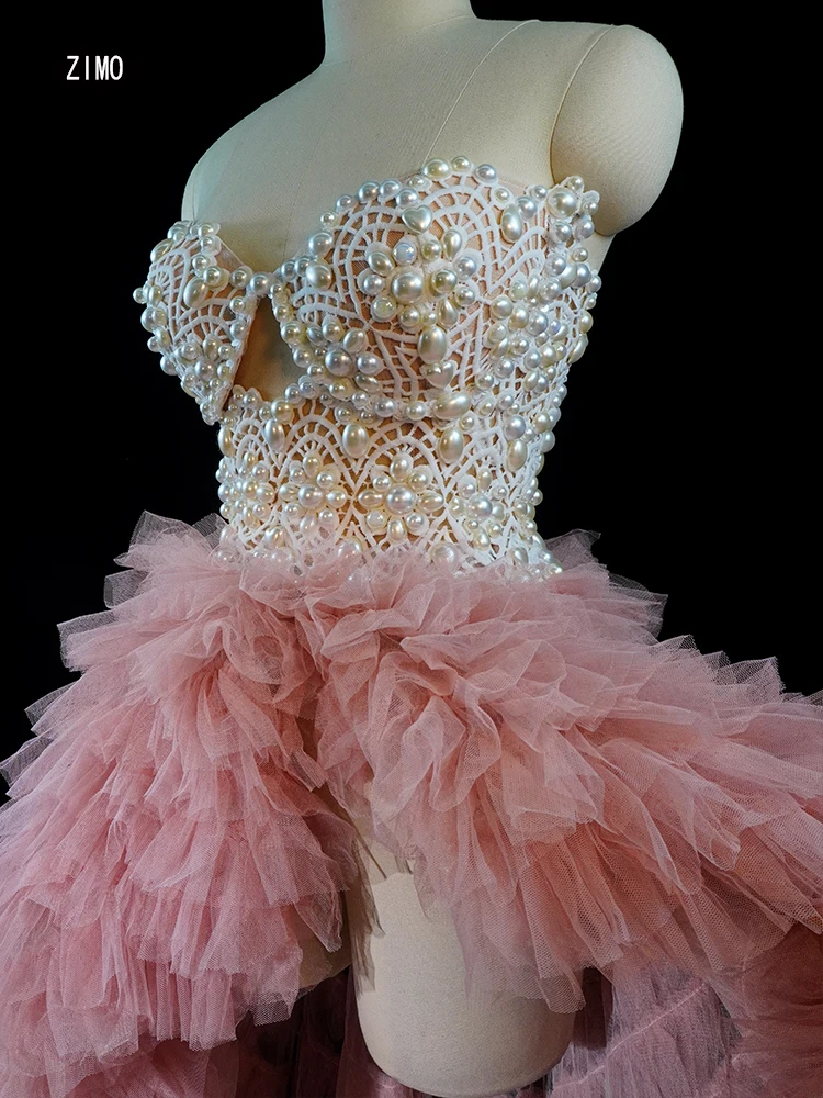 Vestido largo de encaje para mujer, traje Sexy de dos piezas, color rosa perla, para fiesta de noche, boda, Club, cumpleaños, celebración, escenario de Drag Queen