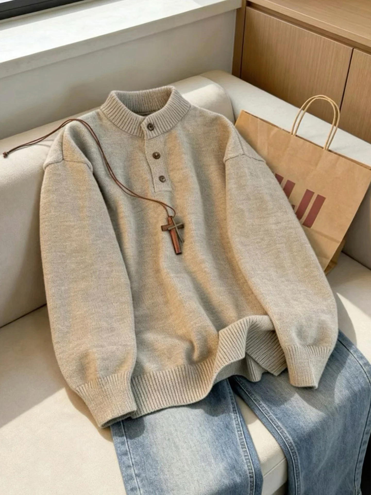 

Мужской вязаный свитер Light ey American Sle Henry Collar, утепленный базовый слой, высококачественная трикотажная верхняя одежда для повседневной носки